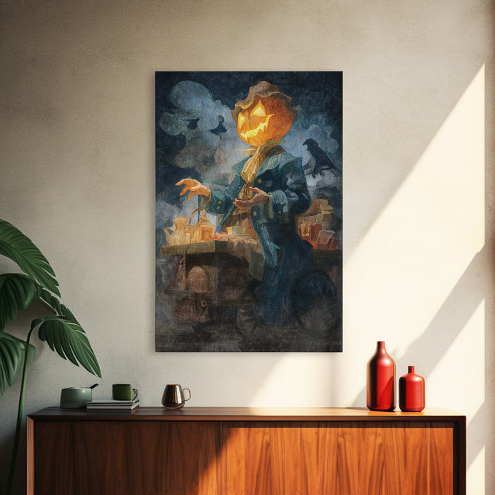 The Pumpkin-Headed Tea Merchant, Expressionist Gothic Art, Vertical Wall Art, Dark Halloween Decor, Canvas Print, Halloween Wall Art
