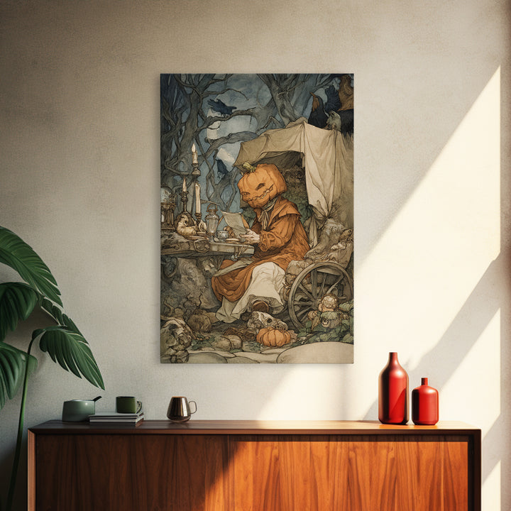 The Pumpkin-Headed Tea Merchant, Gothic Storybook Art, Vertical Wall Art, Dark Fantasy Wall Art, Framed Canvas Print