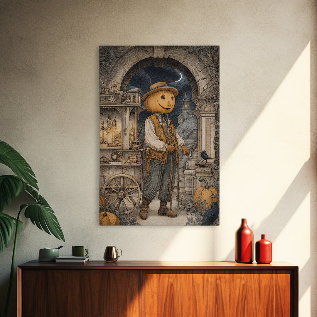 The Pumpkin-Headed Tea Merchant, Victorian Macabre Art, Vertical Wall Art, Macabre Wall Art, Framed Canvas Print, Halloween Wall Art