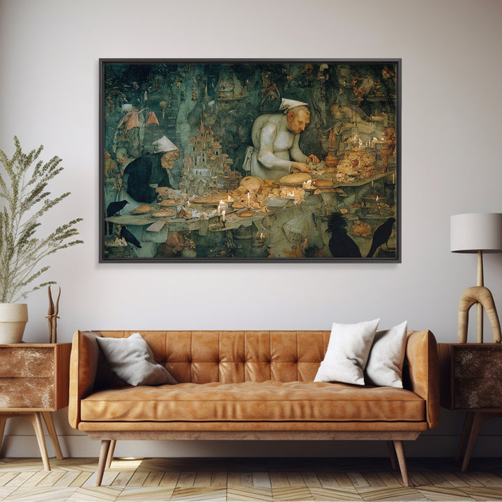 The Ghost Bakery, Medieval Grotesque Art, Landscape Wall Art, Macabre Wall Art, Framed Canvas Print, Halloween Wall Art