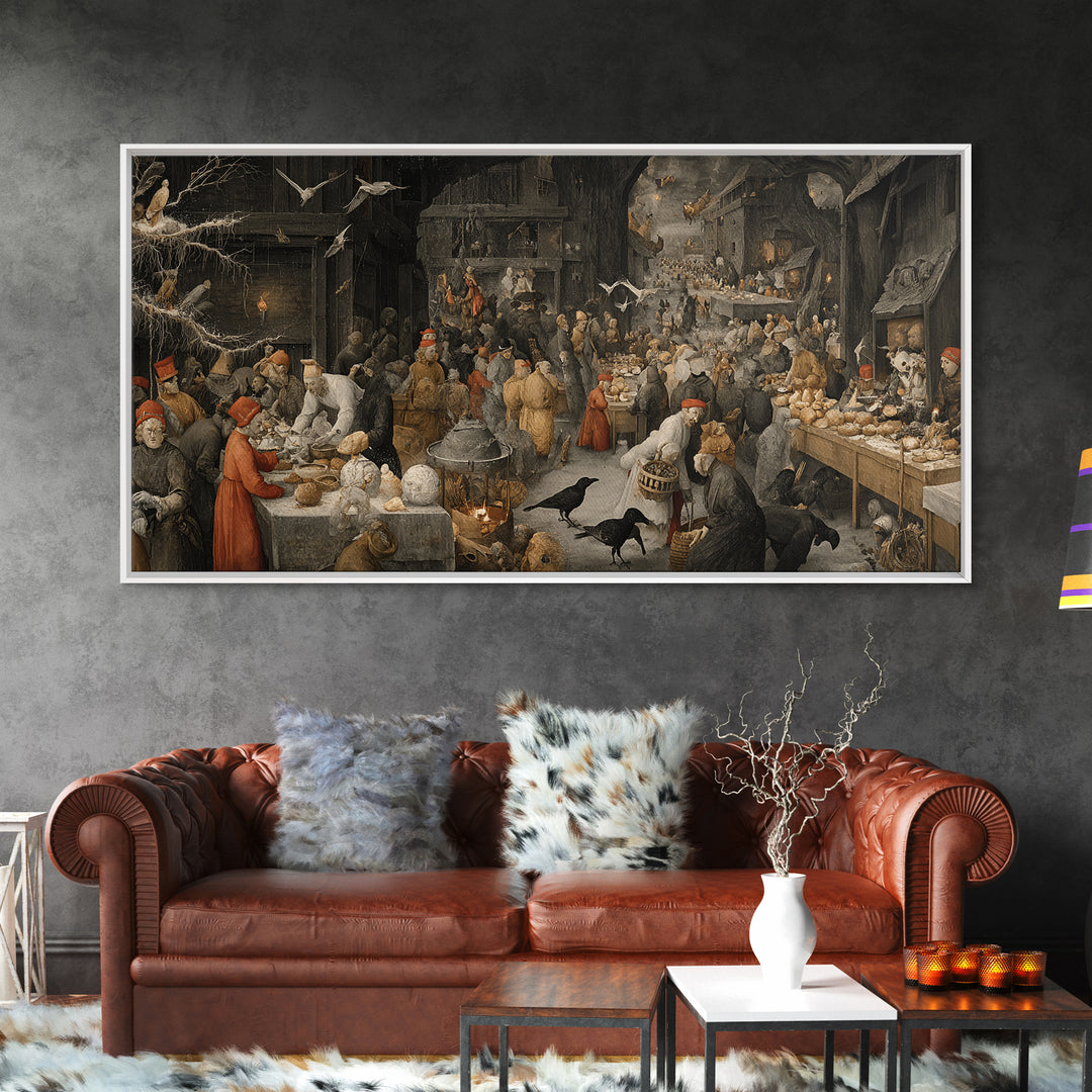 The Ghost Bakery, Northern Renaissance Horror, Wide Panoramic Art, Dark Halloween Decor, Framed Canvas Print, Halloween Wall Art