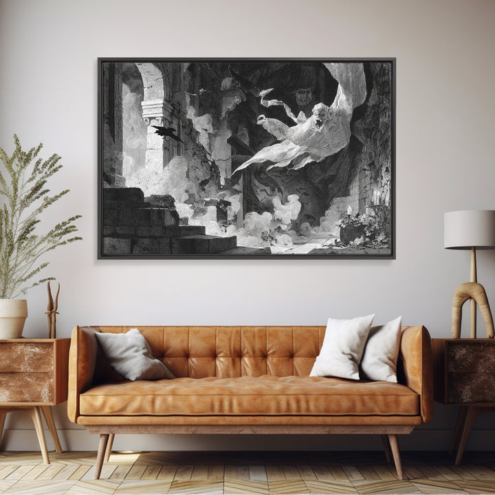 The Ghost Bakery, Architectural Etching Art, Landscape Wall Art, Macabre Wall Art, Framed Canvas Print, Halloween Wall Art
