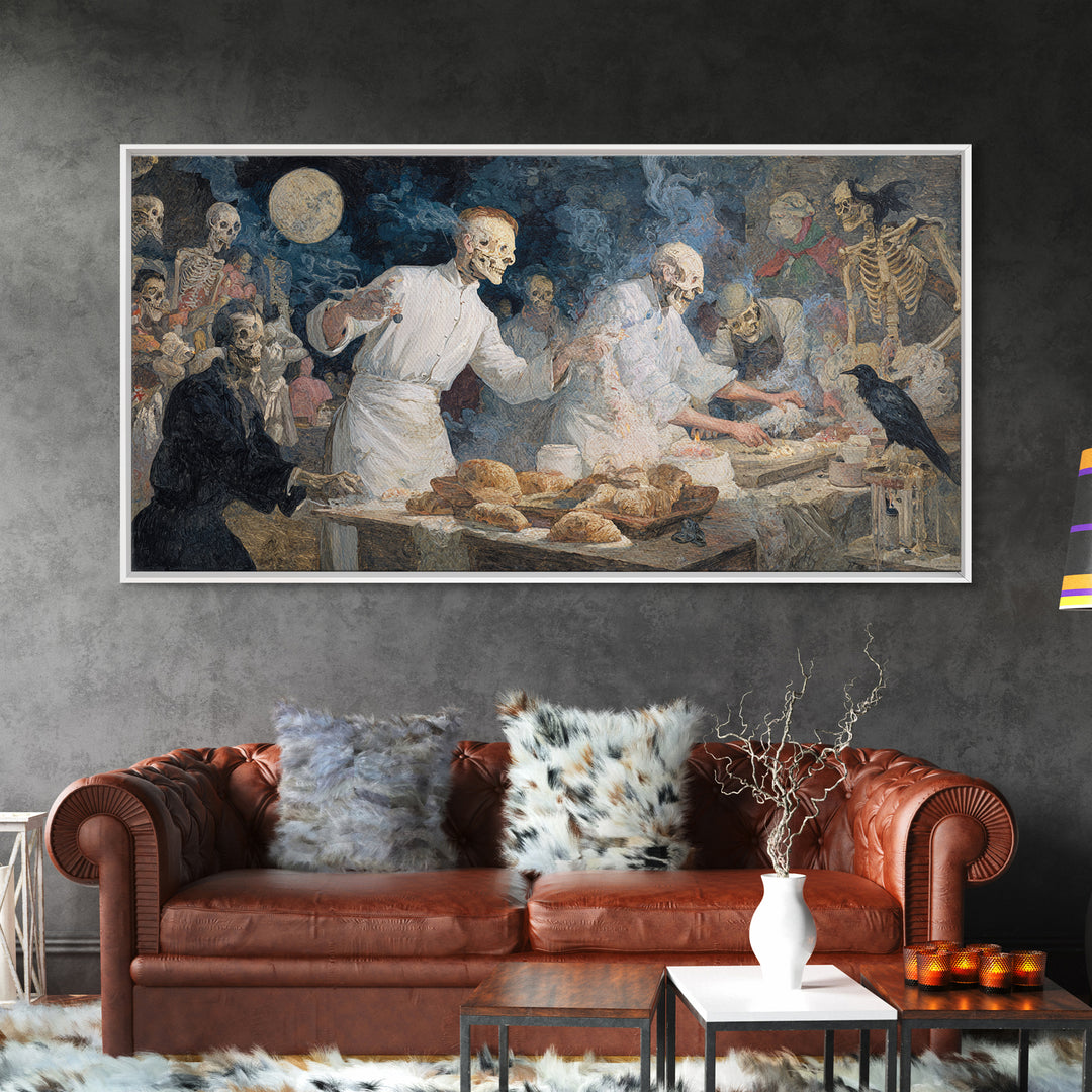 The Ghost Bakery, Grotesque Carnival Art, Wide Panoramic Art, Dark Fantasy Wall Art, Framed Canvas Print, Halloween Wall Art