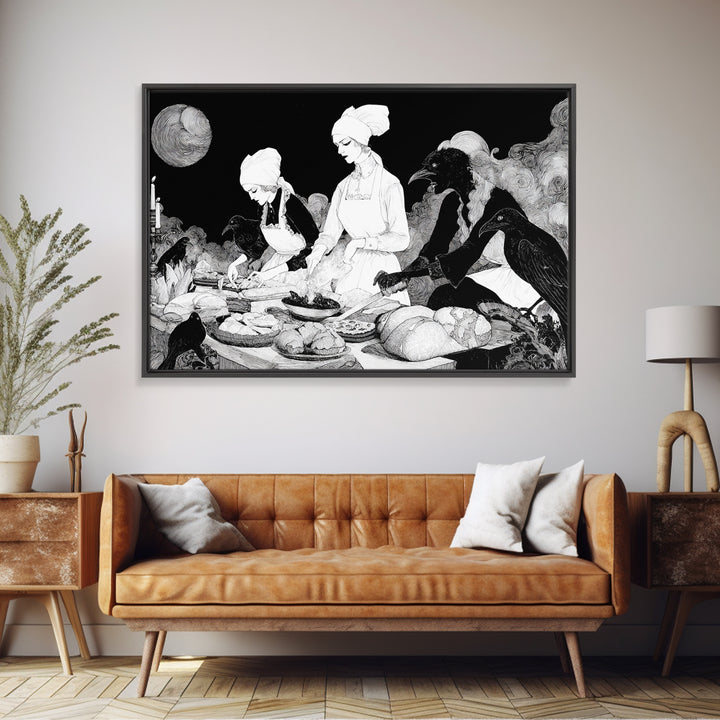 The Ghost Bakery, Decadent Line Art, Landscape Wall Art, Dark Fantasy Wall Art, Framed Canvas Print, Halloween Wall Art