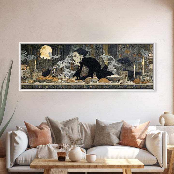 The Ghost Bakery, Stained Glass Gothic Art, Extra Wide Wall Art, Dark Halloween Decor, Framed Canvas Print, Halloween Wall Art