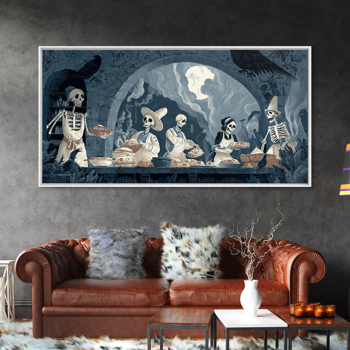 The Ghost Bakery, Macabre Folk Print Art, Wide Panoramic Art, Dark Halloween Decor, Canvas Print, Halloween Wall Art