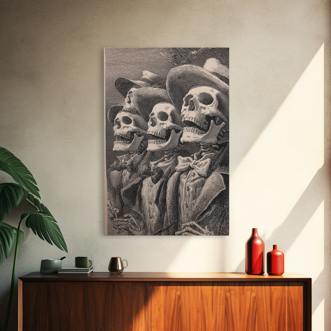 The Skeleton Barbershop Quartet, Renaissance Engraving Art, Vertical Wall Art, Gothic Horror Wall Art, Framed Canvas Print