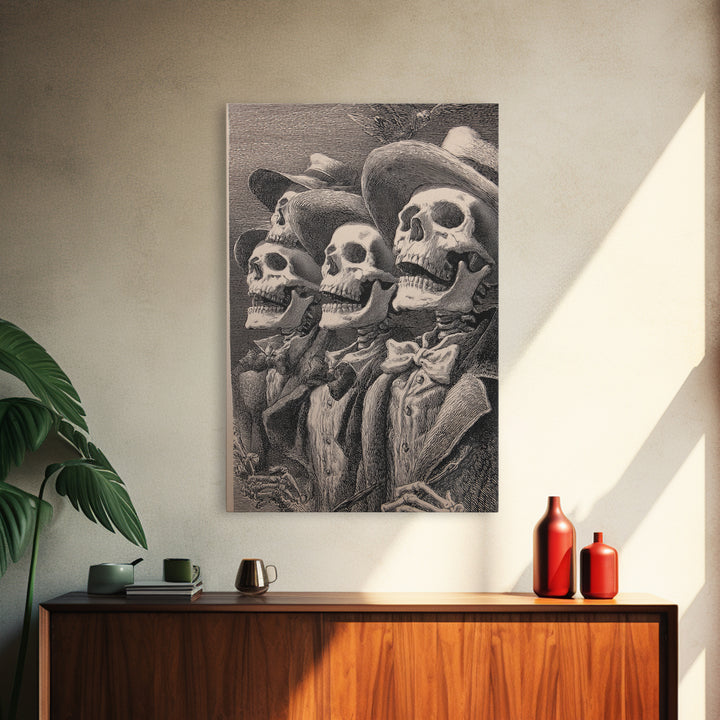 The Skeleton Barbershop Quartet, Renaissance Engraving Art, Vertical Wall Art, Gothic Horror Wall Art, Framed Canvas Print