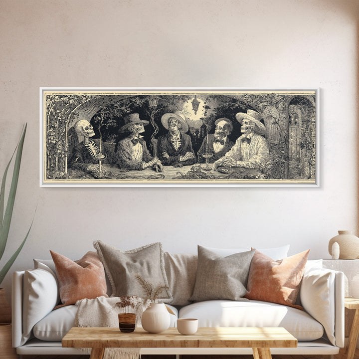 The Skeleton Barbershop Quartet, Symbolist Etching Art, Extra Wide Wall Art, Macabre Wall Art, Canvas Print, Halloween Wall Art