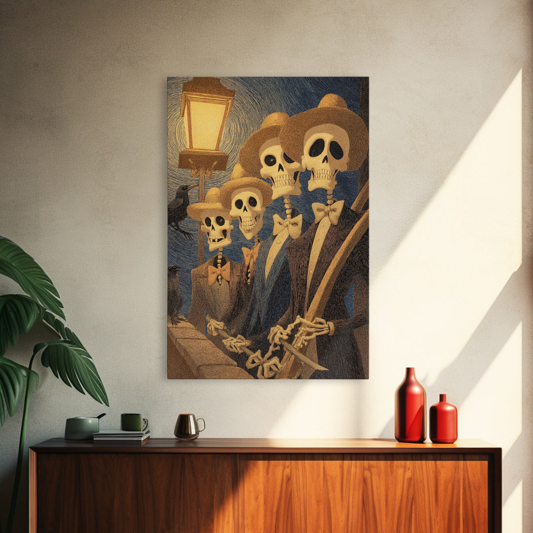 The Skeleton Barbershop Quartet, Expressionist Gothic Art, Vertical Wall Art, Dark Halloween Decor, Framed Canvas Print, Halloween Wall Art