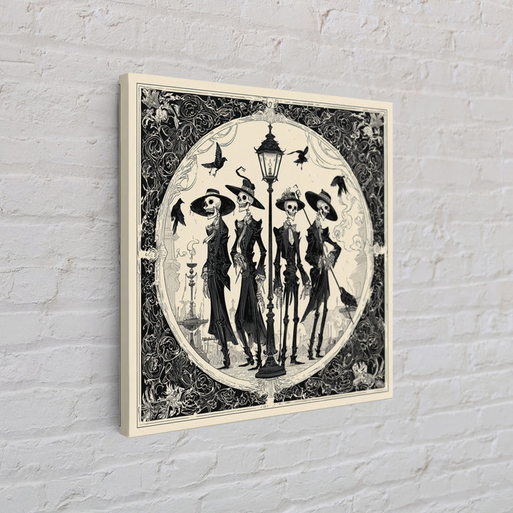 The Skeleton Barbershop Quartet, Decadent Line Art, Square Wall Art, Dark Halloween Decor, Framed Canvas Print