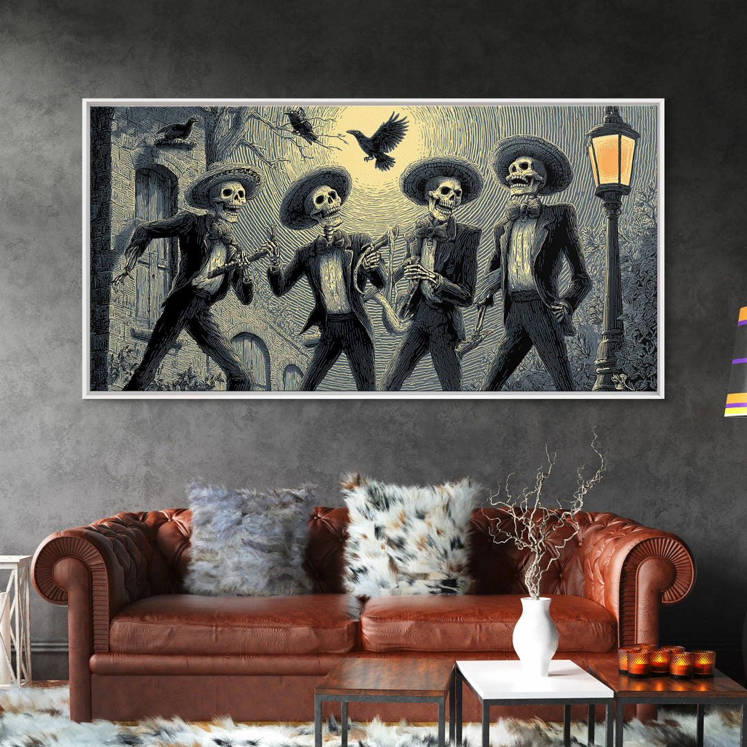 The Skeleton Barbershop Quartet, Macabre Folk Print Art, Wide Panoramic Art, Dark Halloween Decor, Canvas Print
