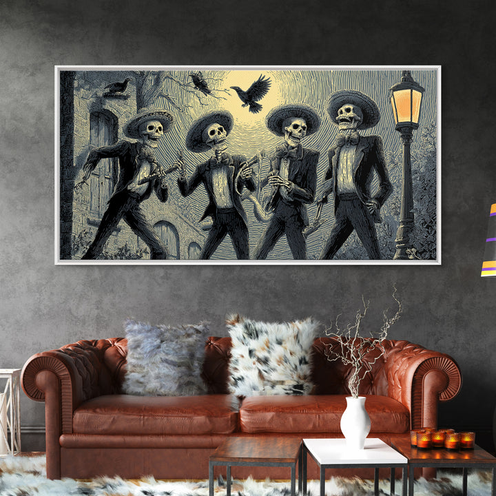 The Skeleton Barbershop Quartet, Macabre Folk Print Art, Wide Panoramic Art, Dark Halloween Decor, Canvas Print