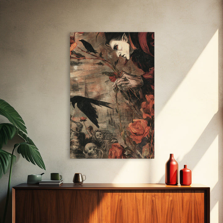The Vampire Florist, Dark Renaissance Art, Vertical Wall Art, Dark Fantasy Wall Art, Canvas Print, Halloween Wall Art