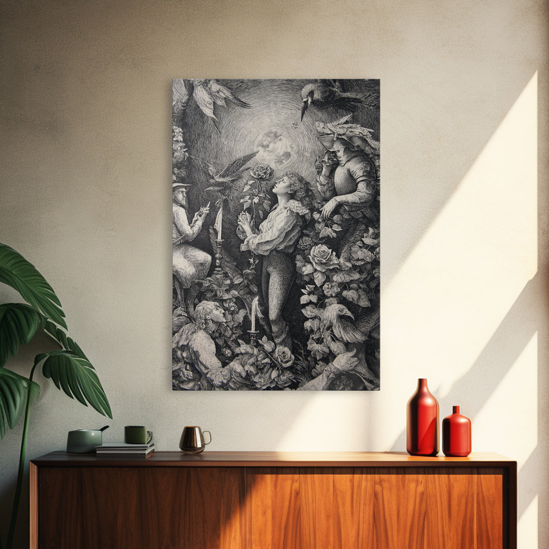 The Vampire Florist, Renaissance Engraving Art, Vertical Wall Art, Dark Fantasy Wall Art, Framed Canvas Print, Halloween Wall Art