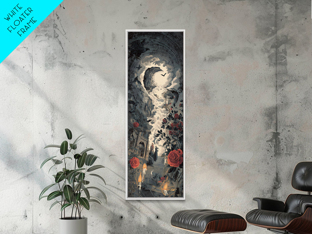 The Vampire Florist, Architectural Etching Art, Tall Narrow Wall Art, Gothic Horror Wall Art, Framed Canvas Print