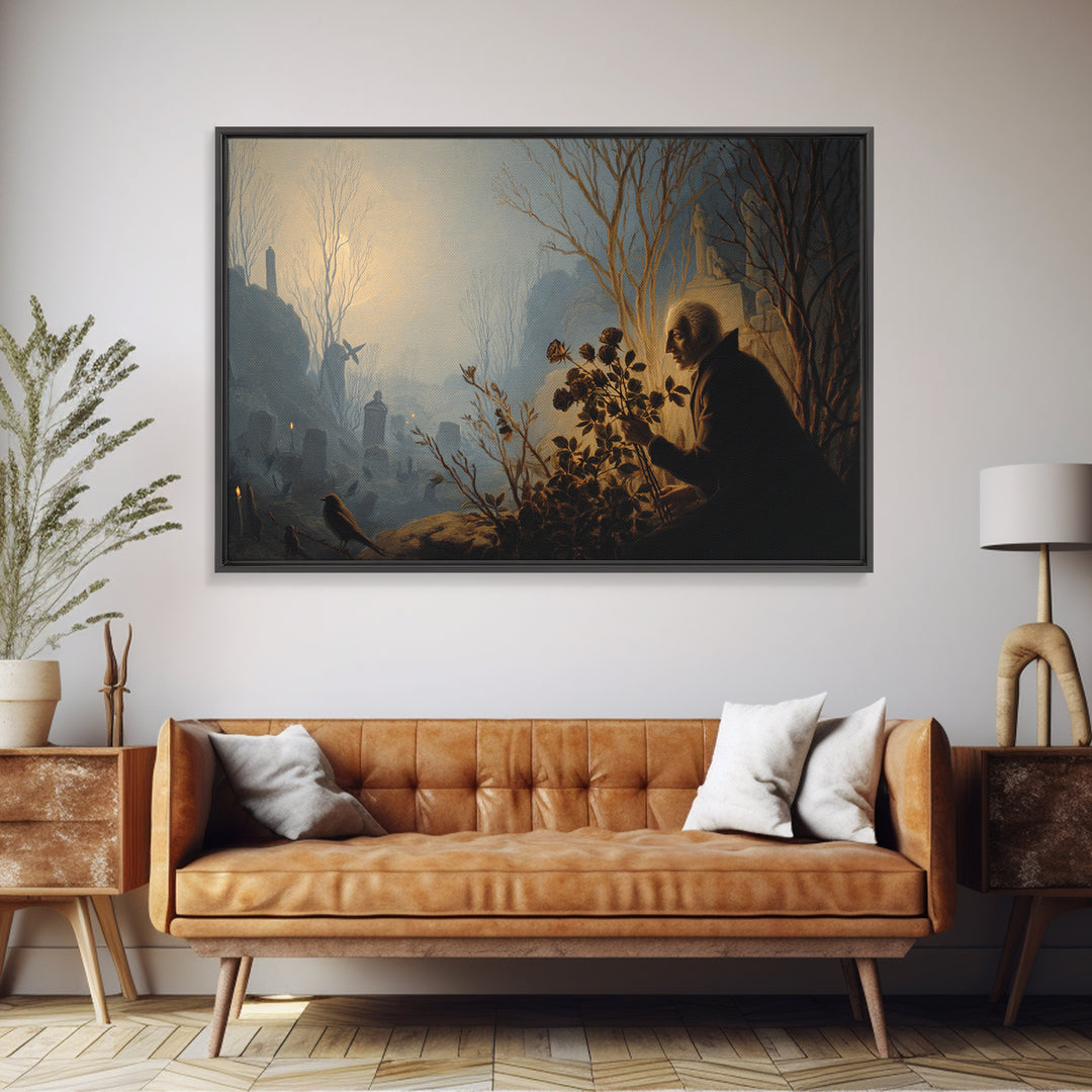 The Vampire Florist, Romantic Gothic Landscape, Landscape Wall Art, Dark Halloween Decor, Framed Canvas Print, Halloween Wall Art