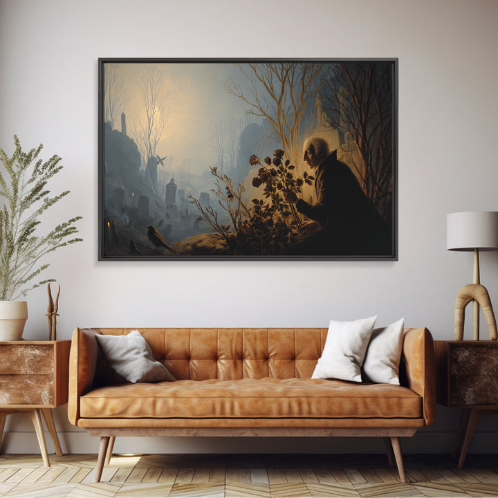 The Vampire Florist, Romantic Gothic Landscape, Landscape Wall Art, Dark Halloween Decor, Framed Canvas Print, Halloween Wall Art