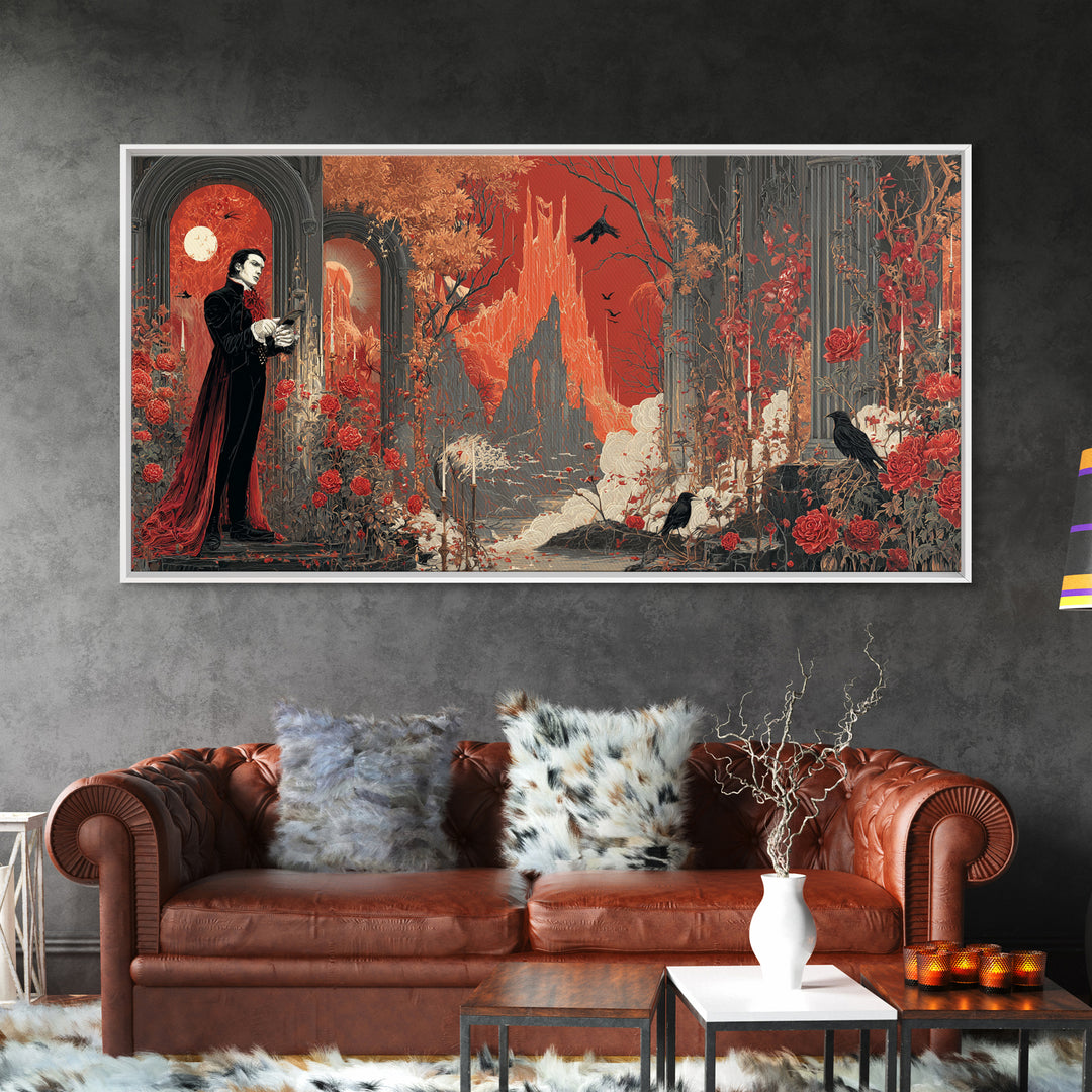 The Vampire Florist, Apocalyptic Romantic Art, Wide Panoramic Art, Dark Fantasy Wall Art, Framed Canvas Print, Halloween Wall Art