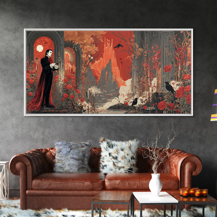 The Vampire Florist, Apocalyptic Romantic Art, Wide Panoramic Art, Dark Fantasy Wall Art, Framed Canvas Print, Halloween Wall Art