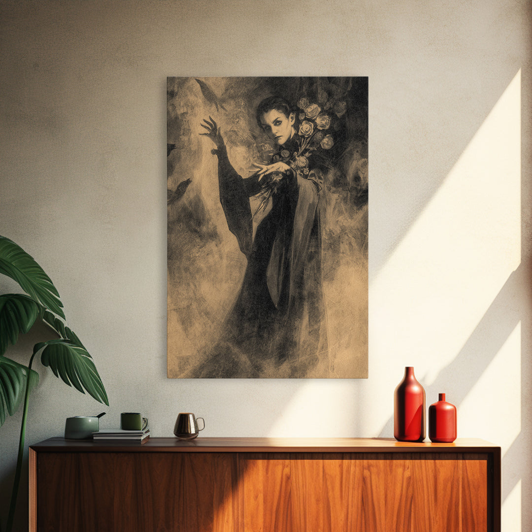 The Vampire Florist, Symbolist Dream Art, Vertical Wall Art, Macabre Wall Art, Framed Canvas Print, Halloween Wall Art