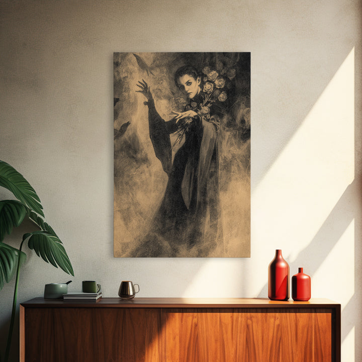 The Vampire Florist, Symbolist Dream Art, Vertical Wall Art, Macabre Wall Art, Framed Canvas Print, Halloween Wall Art