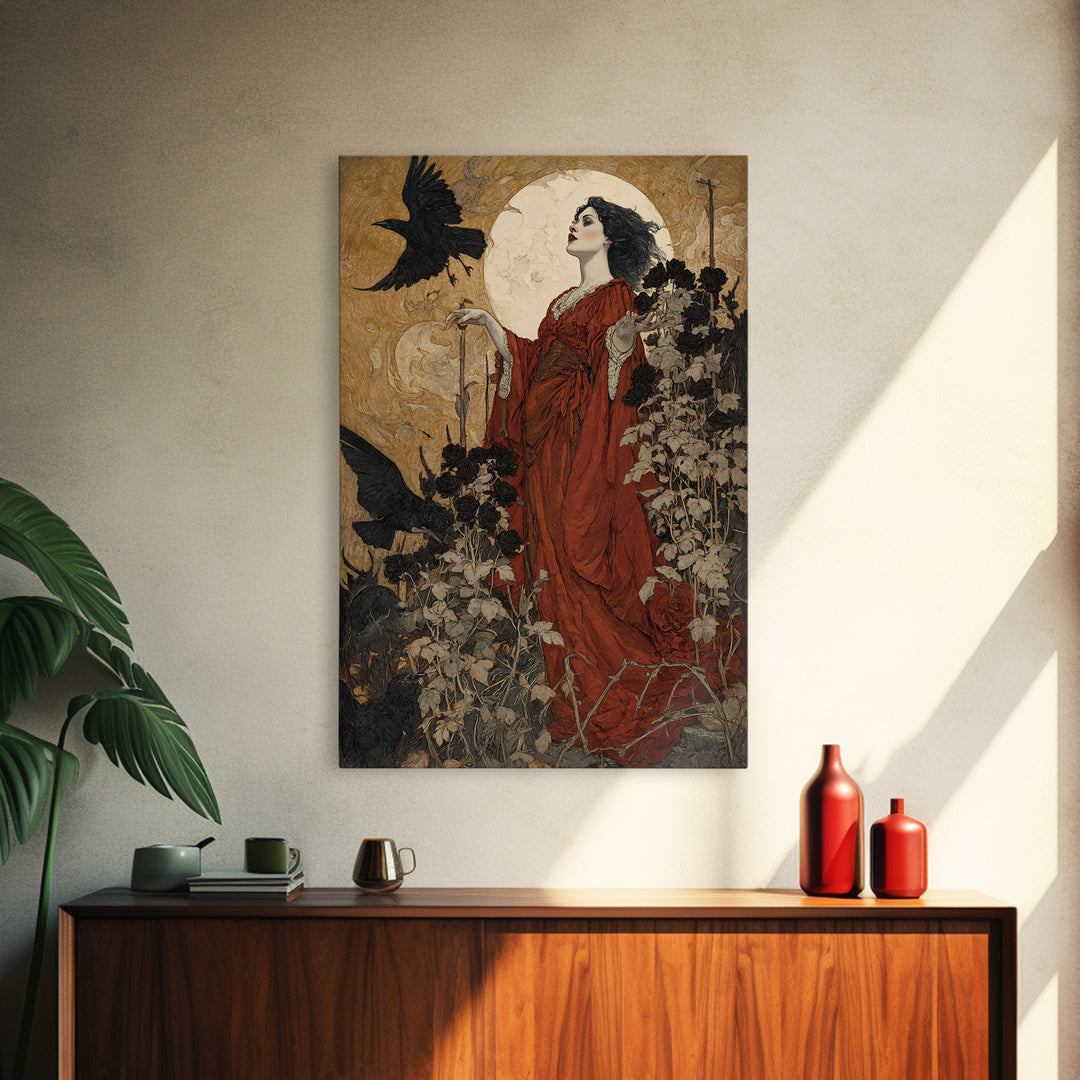 The Vampire Florist, Symbolist Etching Art, Vertical Wall Art, Macabre Wall Art, Canvas Print, Halloween Wall Art, Gothic Home Decor