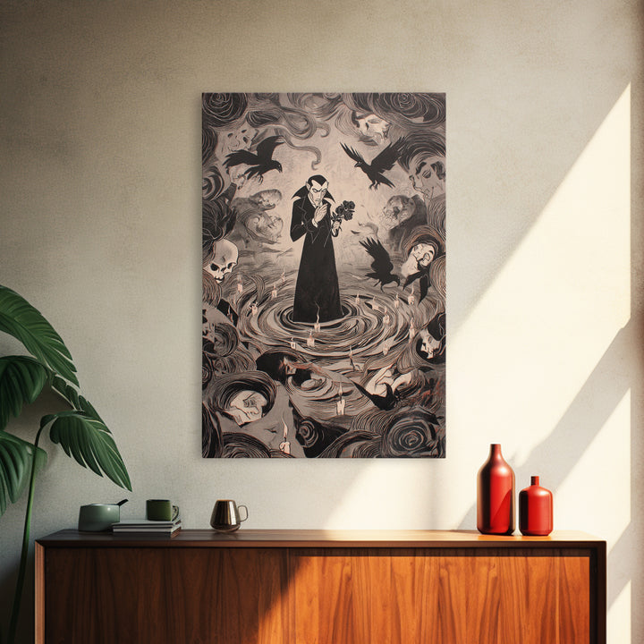 The Vampire Florist, Expressionist Gothic Art, Vertical Wall Art, Macabre Wall Art, Framed Canvas Print, Halloween Wall Art
