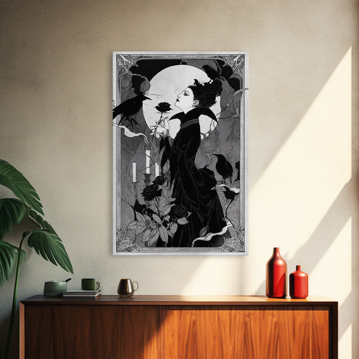 The Vampire Florist, Decadent Line Art, Vertical Wall Art, Dark Fantasy Wall Art, Canvas Print, Halloween Wall Art