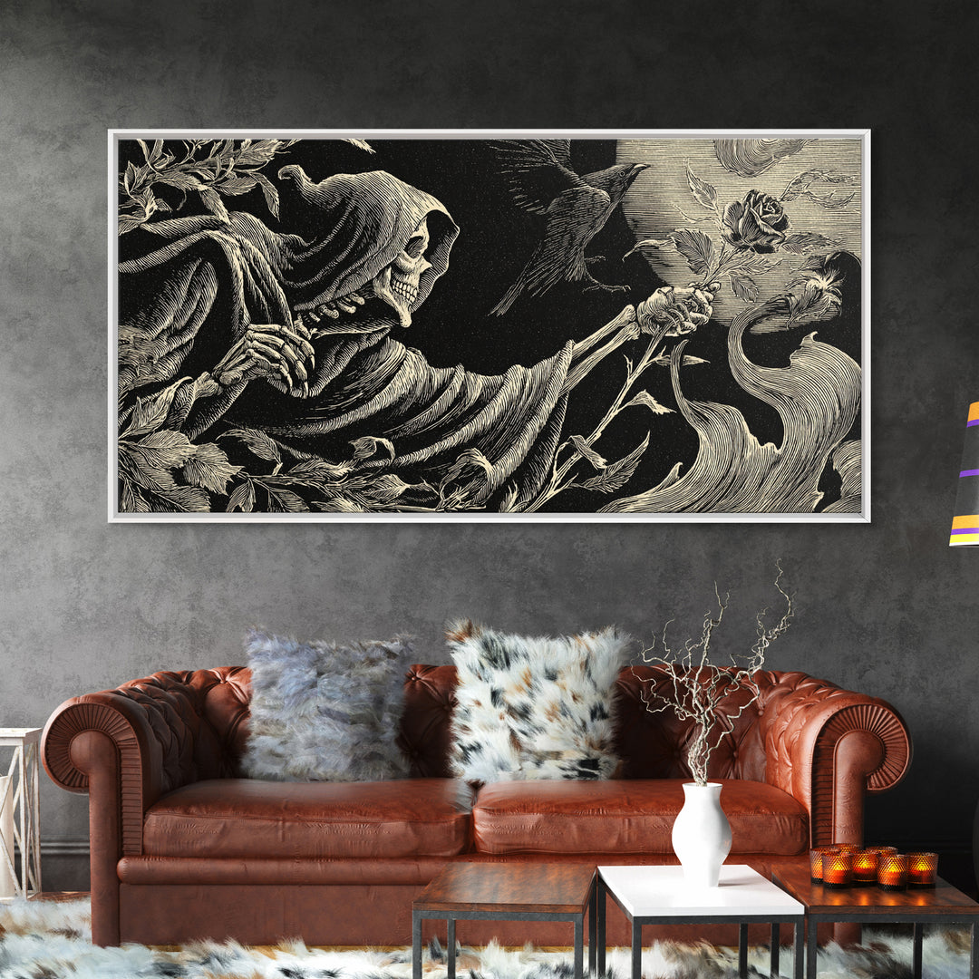 The Vampire Florist, Macabre Folk Print Art, Wide Panoramic Art, Dark Fantasy Wall Art, Framed Canvas Print, Halloween Wall Art