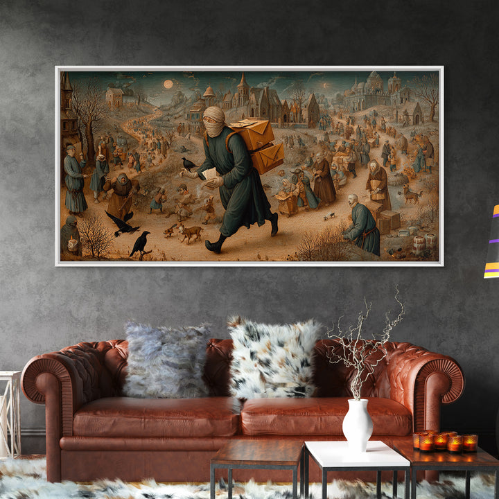 The Mummy Mail Carrier, Northern Renaissance Horror, Wide Panoramic Art, Dark Halloween Decor, Canvas Print, Halloween Wall Art