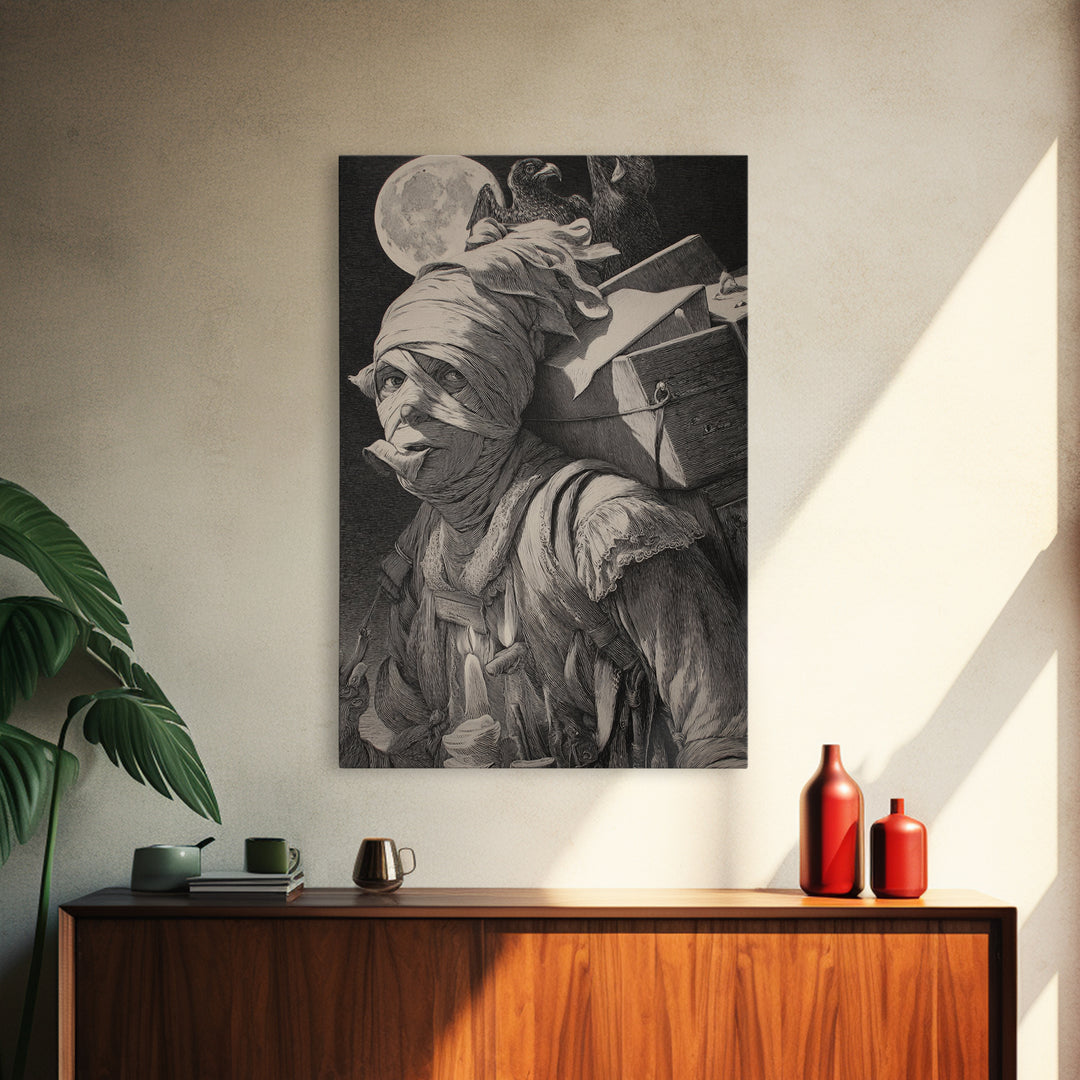 The Mummy Mail Carrier, Renaissance Engraving Art, Vertical Wall Art, Dark Fantasy Wall Art, Canvas Print, Halloween Wall Art