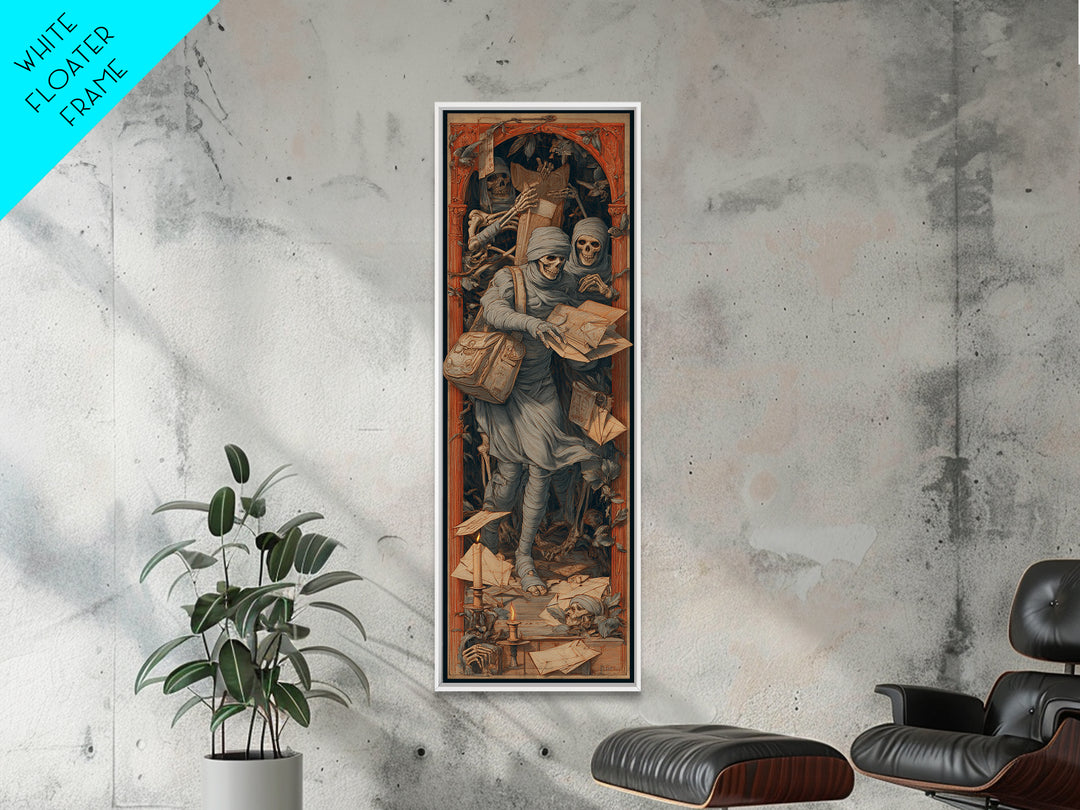 The Mummy Mail Carrier, Danse Macabre Art, Tall Narrow Wall Art, Macabre Wall Art, Framed Canvas Print