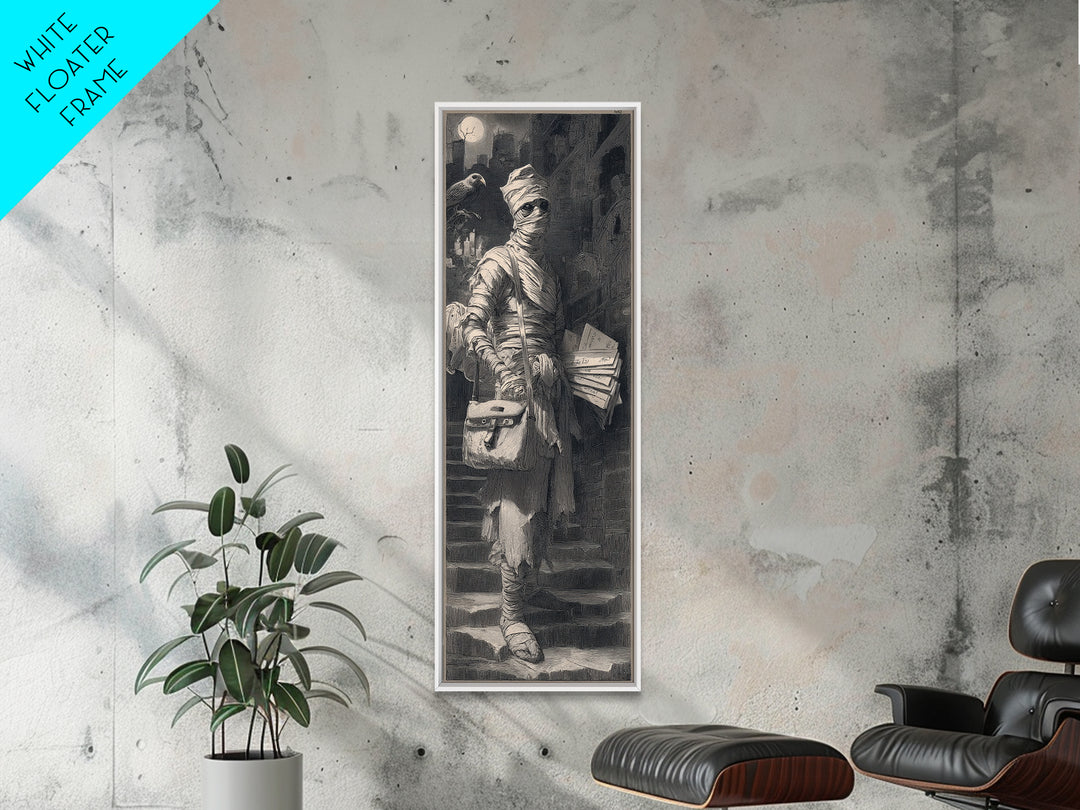 The Mummy Mail Carrier, Architectural Etching Art, Tall Narrow Wall Art, Gothic Horror Wall Art, Framed Canvas Print