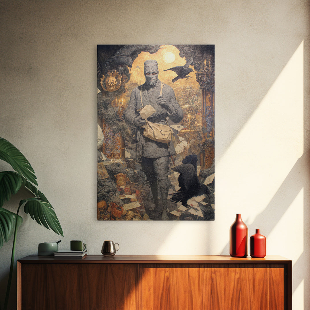 The Mummy Mail Carrier, Ornate Symbolist Art, Vertical Wall Art, Dark Halloween Decor, Canvas Print, Halloween Wall Art