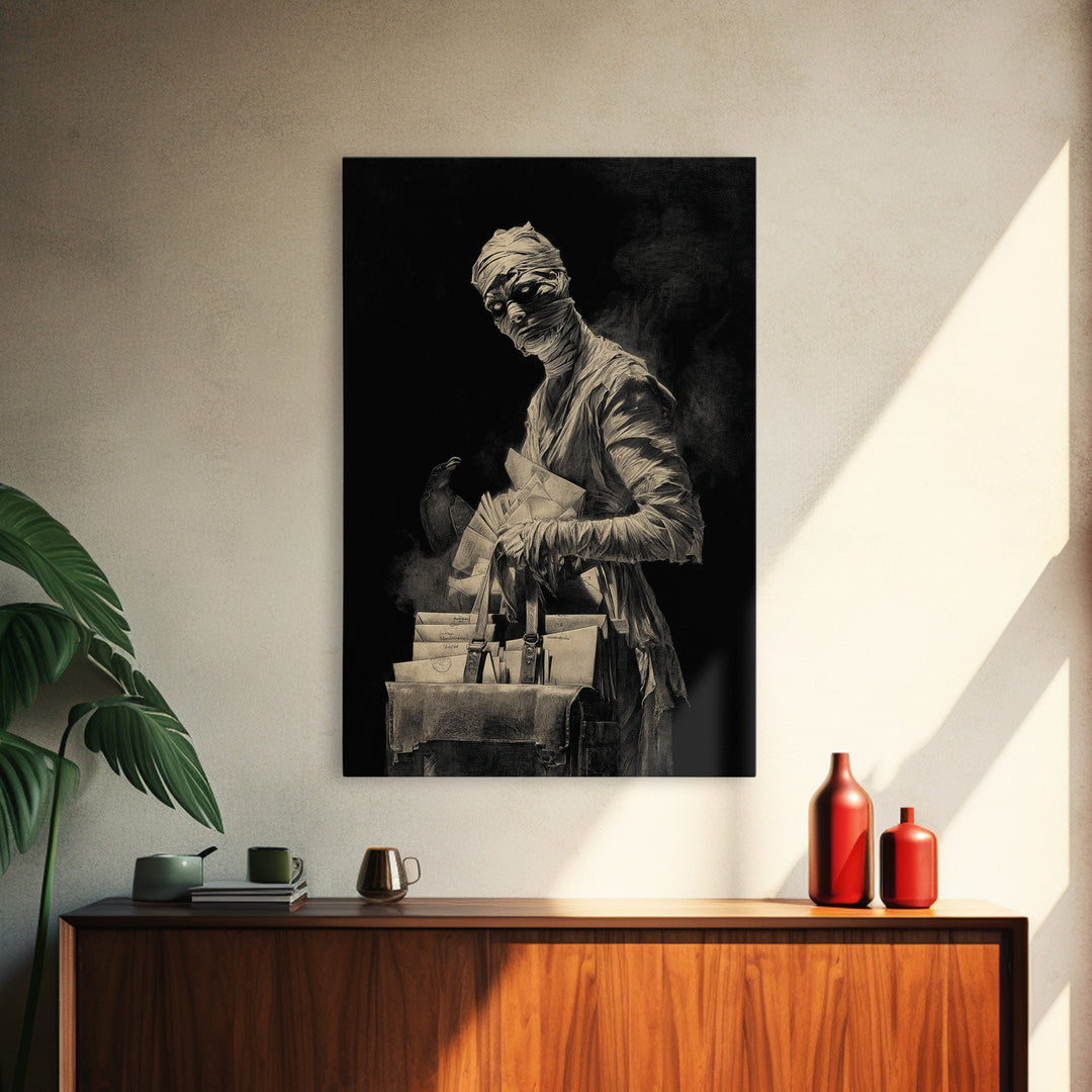 The Mummy Mail Carrier, Decadent Gothic Art, Vertical Wall Art, Macabre Wall Art, Framed Canvas Print, Halloween Wall Art