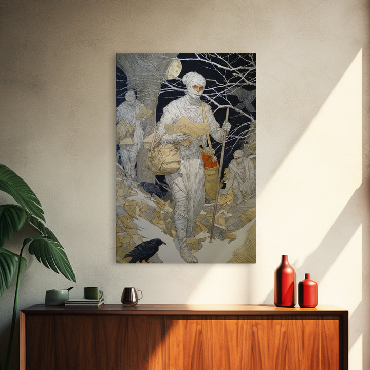 The Mummy Mail Carrier, Symbolist Death Art, Vertical Wall Art, Macabre Wall Art, Canvas Print, Halloween Wall Art