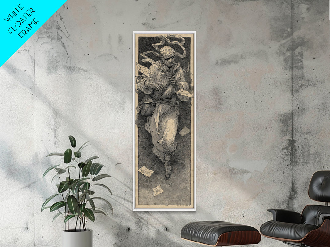 The Mummy Mail Carrier, Symbolist Etching Art, Tall Narrow Wall Art, Gothic Horror Wall Art, Framed Canvas Print, Halloween Wall Art
