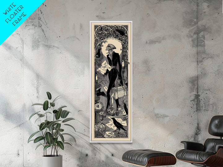 The Mummy Mail Carrier, Decadent Line Art, Tall Narrow Wall Art, Gothic Horror Wall Art, Framed Canvas Print, Halloween Wall Art