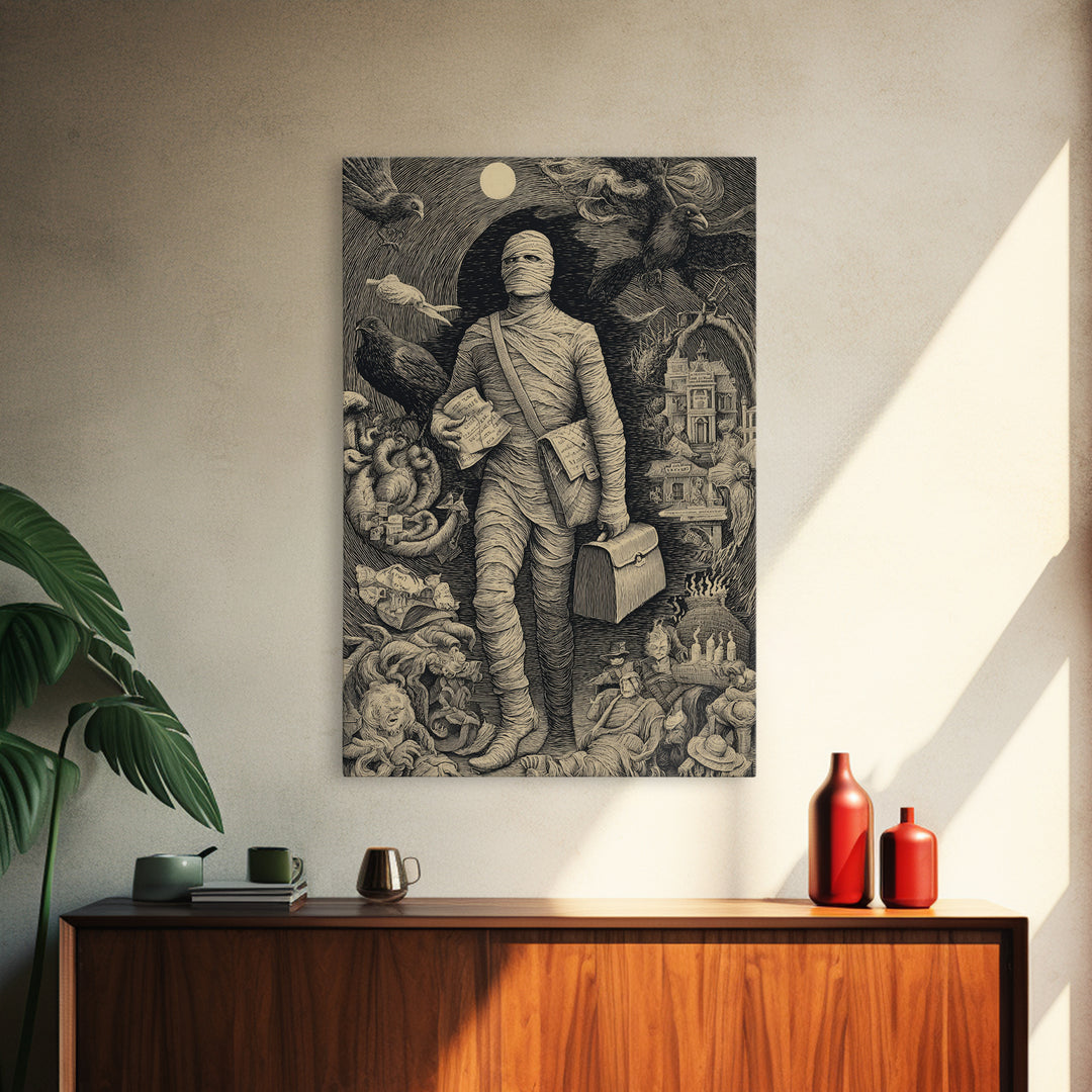 The Mummy Mail Carrier, Victorian Macabre Art, Vertical Wall Art, Gothic Horror Wall Art, Framed Canvas Print, Halloween Wall Art