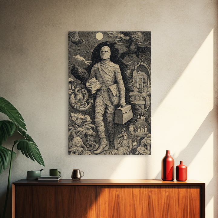 The Mummy Mail Carrier, Victorian Macabre Art, Vertical Wall Art, Gothic Horror Wall Art, Framed Canvas Print, Halloween Wall Art