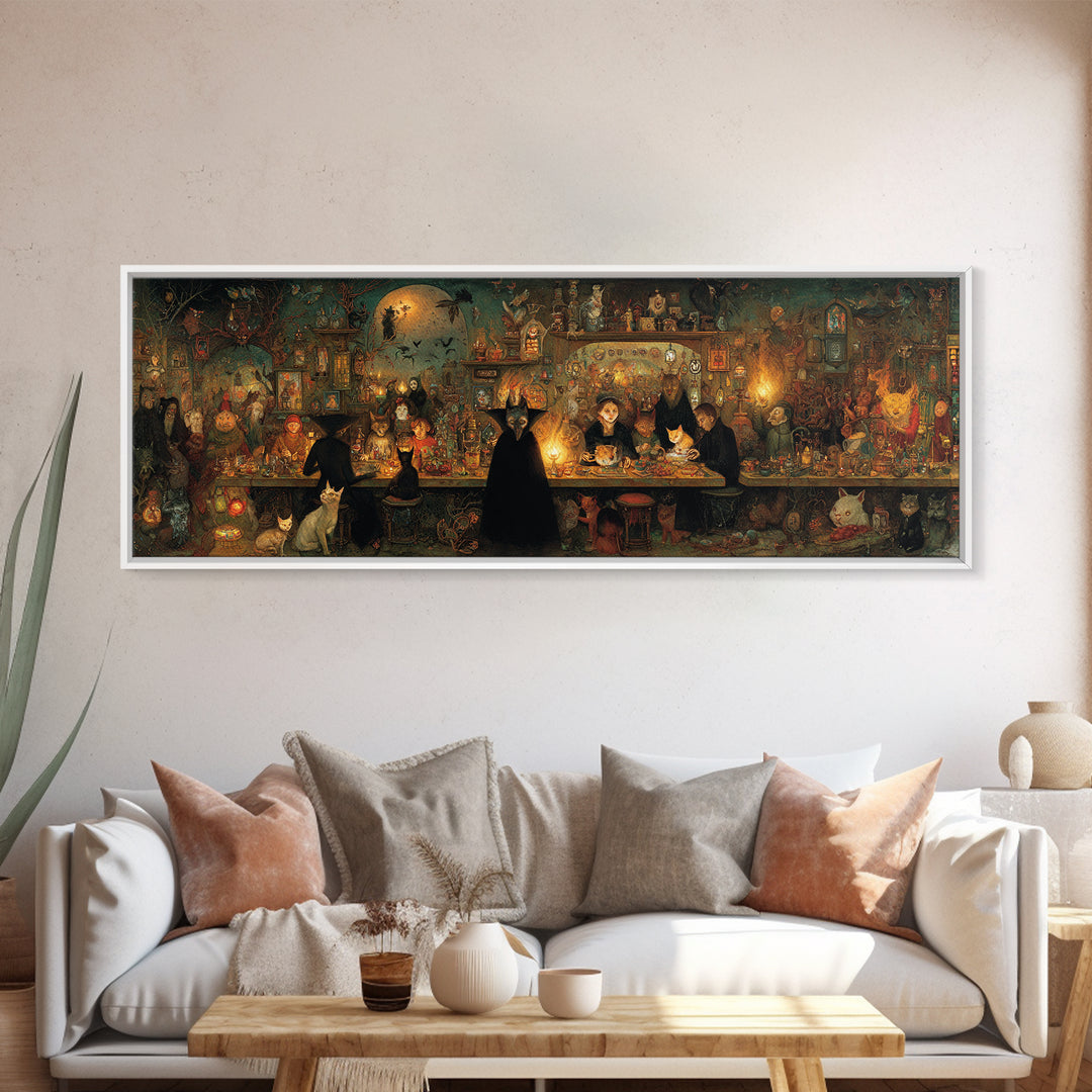 The Witch'S Cat Cafe, Medieval Grotesque Art, Extra Wide Wall Art, Dark Halloween Decor, Canvas Print, Halloween Wall Art