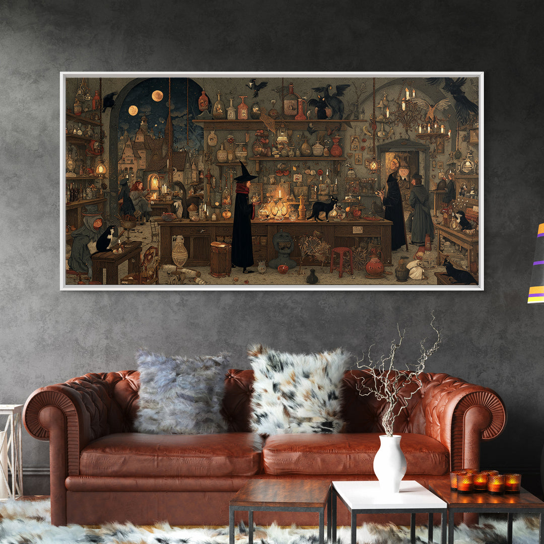 The Witch'S Cat Cafe, Northern Renaissance Horror, Wide Panoramic Art, Gothic Horror Wall Art, Framed Canvas Print
