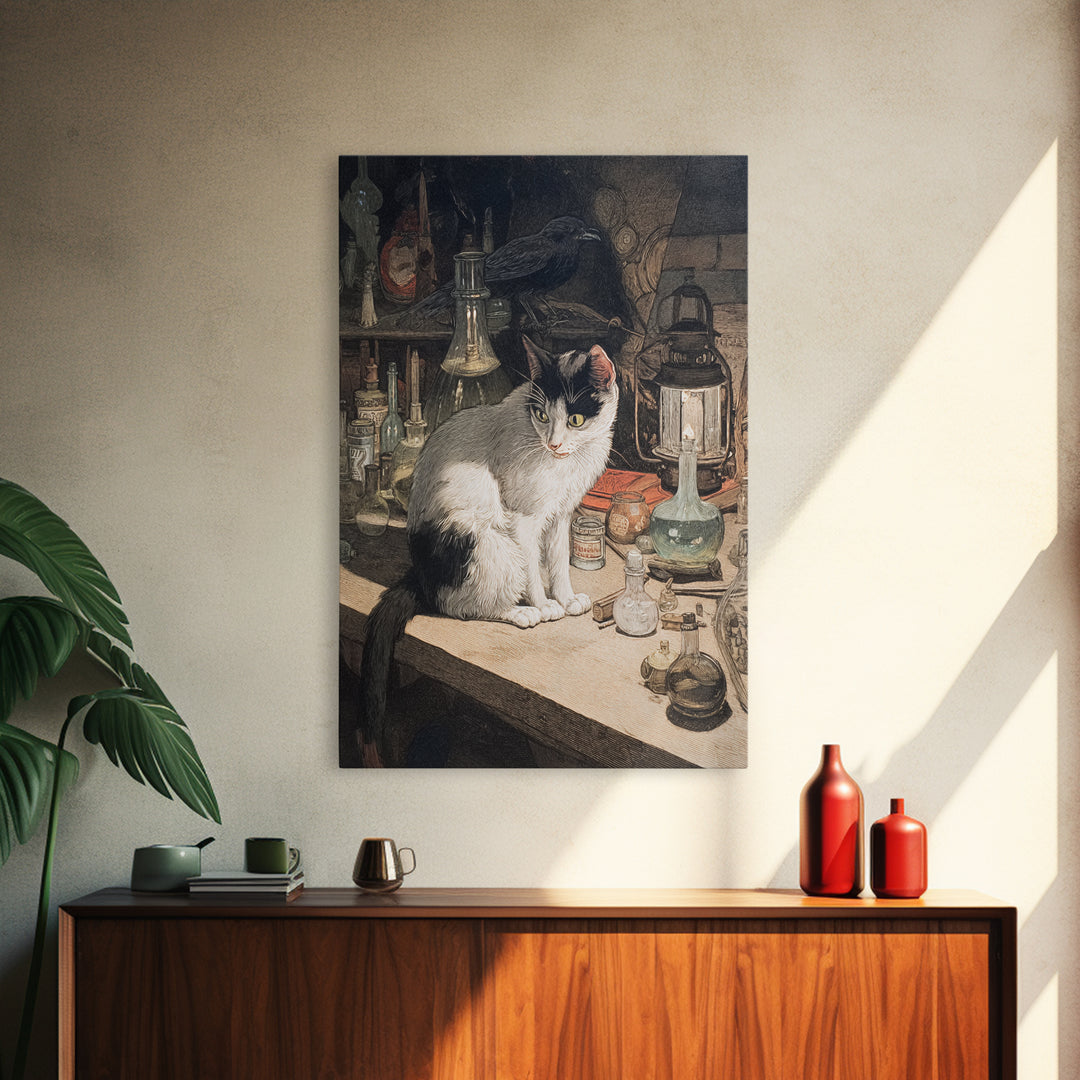 The Witch'S Cat Cafe, Dark Renaissance Art, Vertical Wall Art, Macabre Wall Art, Framed Canvas Print, Halloween Wall Art