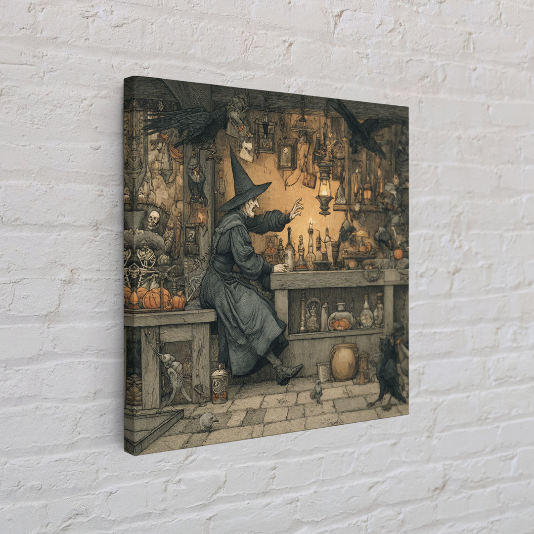 The Witch'S Cat Cafe, Danse Macabre Art, Square Wall Art, Dark Fantasy Wall Art, Framed Canvas Print, Halloween Wall Art