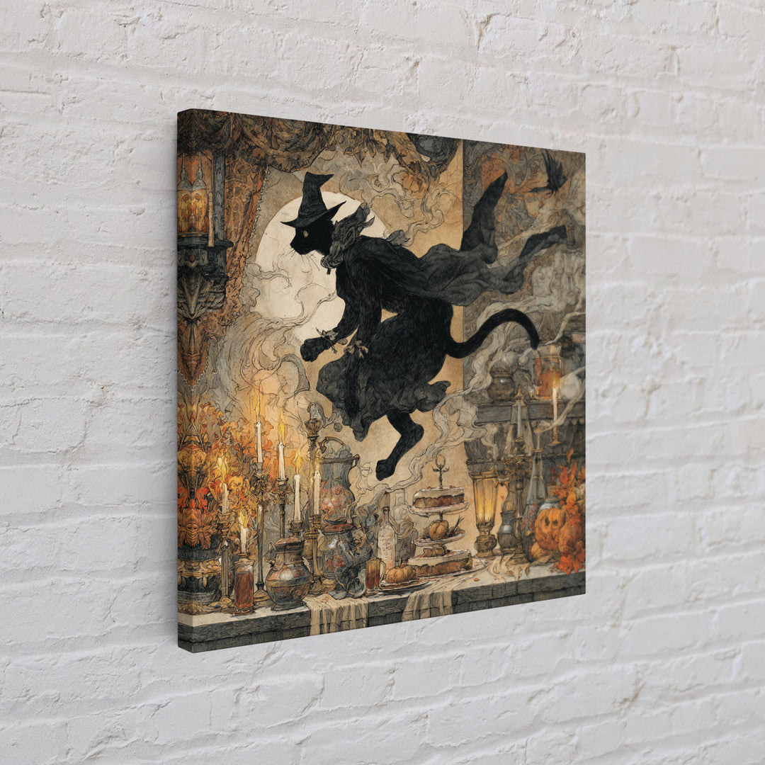 The Witch'S Cat Cafe, Baroque Witchcraft Art, Square Wall Art, Dark Halloween Decor, Framed Canvas Print, Halloween Wall Art