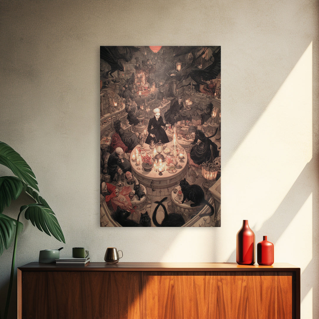 The Witch'S Cat Cafe, Gothic Nightmare Art, Vertical Wall Art, Gothic Horror Wall Art, Framed Canvas Print, Halloween Wall Art