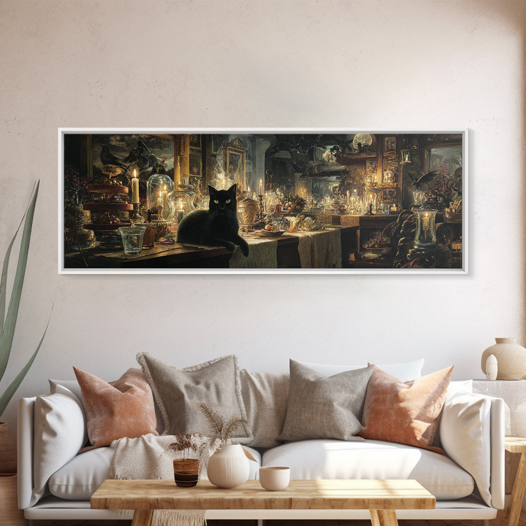 The Witch'S Cat Cafe, Visionary Gothic Art, Extra Wide Wall Art, Dark Fantasy Wall Art, Canvas Print, Halloween Wall Art