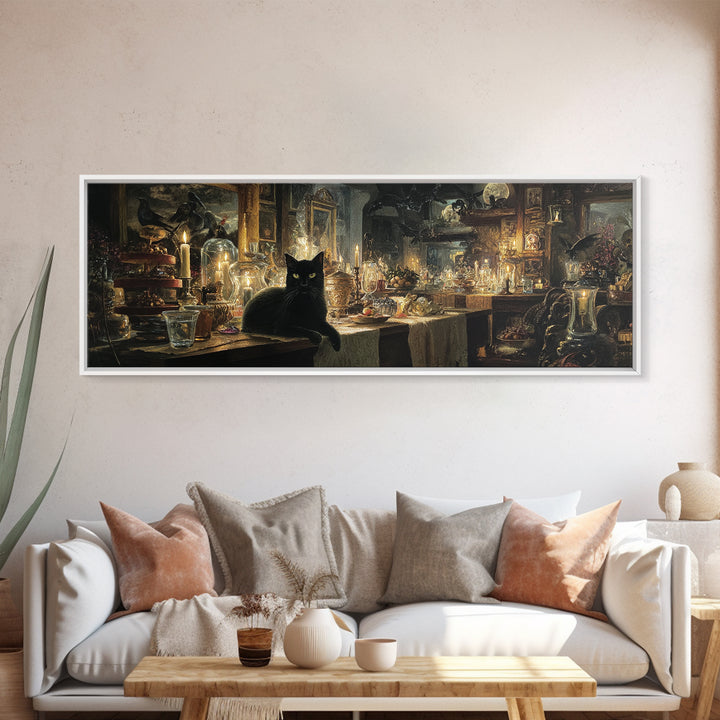 The Witch'S Cat Cafe, Visionary Gothic Art, Extra Wide Wall Art, Dark Fantasy Wall Art, Canvas Print, Halloween Wall Art
