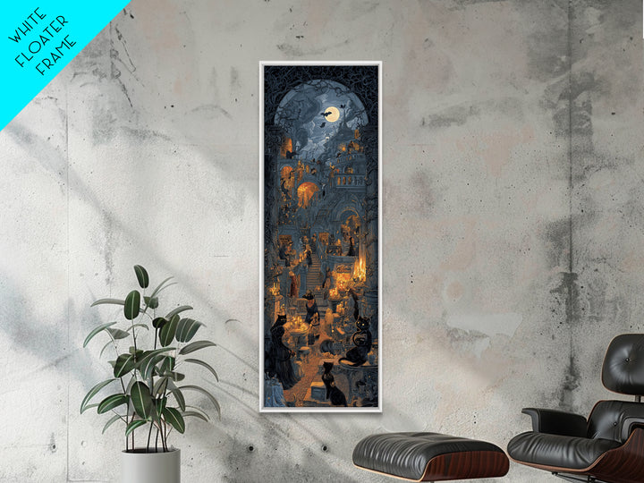 The Witch'S Cat Cafe, Architectural Etching Art, Tall Narrow Wall Art, Dark Halloween Decor, Canvas Print, Halloween Wall Art